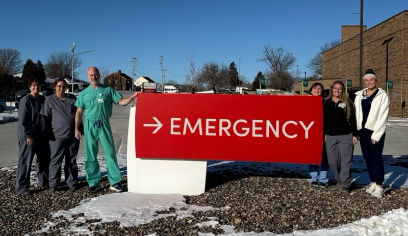 MercyOne Dubuque emergency department entrance sign with DEP staff